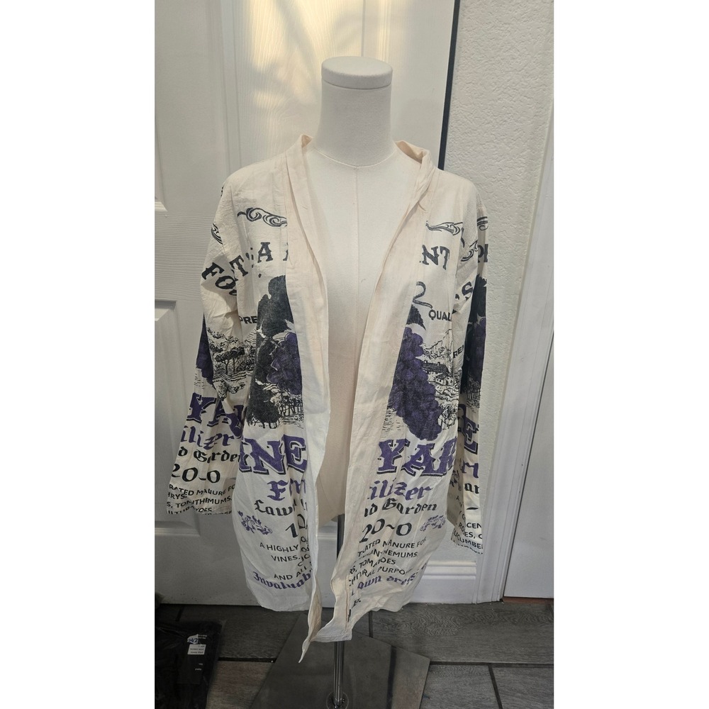 Vintage Sack Junk Bangkok Vineyard Fertilizer Graphic Kimono Jacket Cream Purple